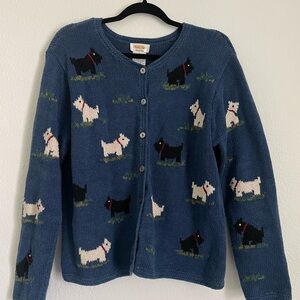 Vintage Hand-Knit Talbots Blue Dog Pattern Cardigan Sweater